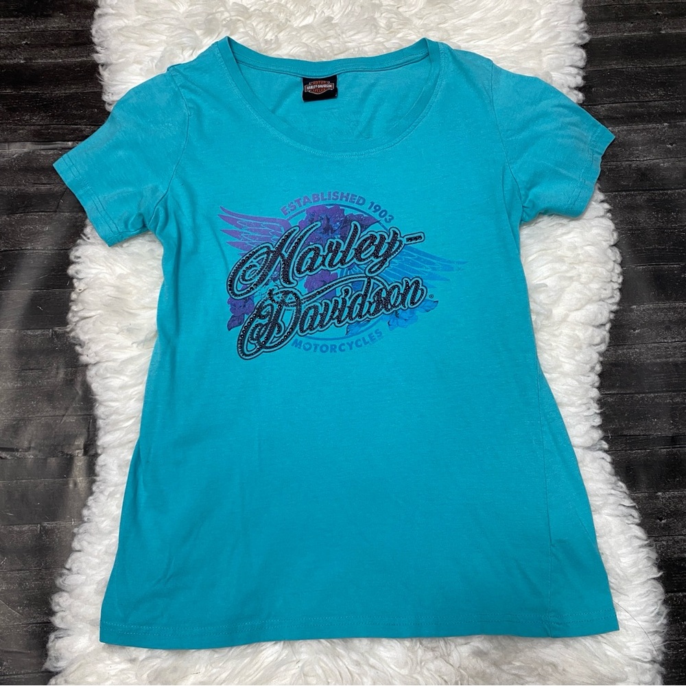 HARLEY DAVIDSON TEAL PURPLE RHINESTONE SPELL OUT SHORT SLEEVE TEE Y2K GRUNGE